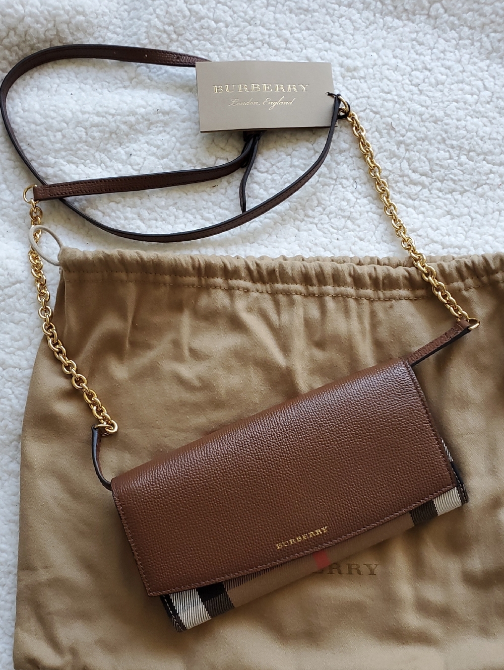 Burberry Brown Leather Crossbody with Gold Chain & Check Trim